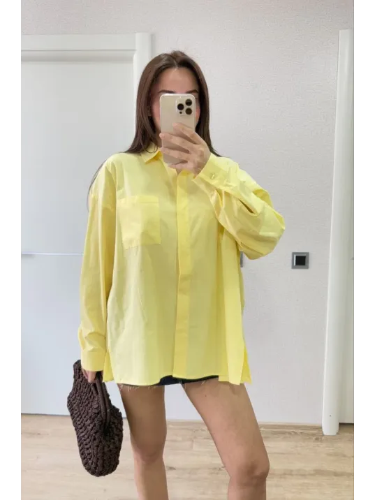Poplin Kadın Yakalı Yandan Yırtmaçlı Arka Pens Detaylı Gömlek - Sarı Poplin Kadın Yakalı Yandan Yırtmaçlı Arka Pens Detaylı Gömlek - Sarı