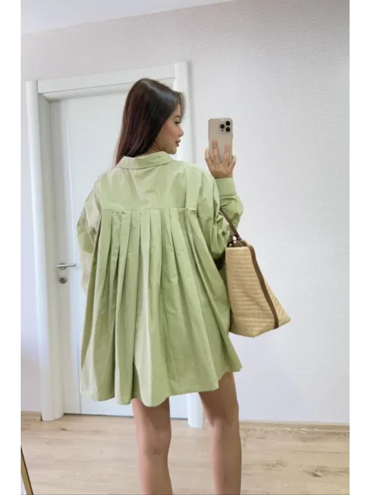 Poplin Kadın Yakalı Yandan Yırtmaçlı Arka Pens Detaylı Gömlek - Yeşil