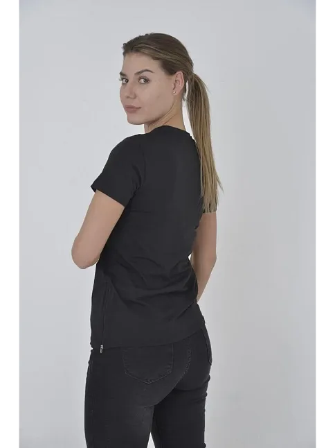 Kadın Yandan Fermuarli Slim Fit T-shirt - Siyah