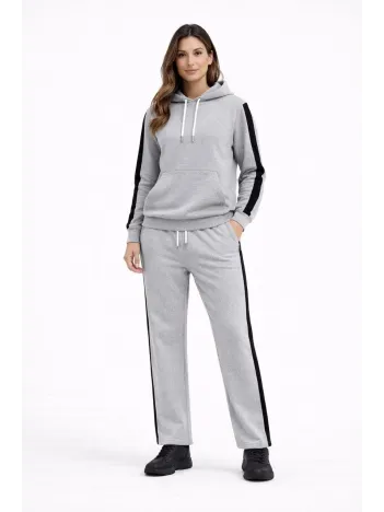Kadın Yandan Şeritli Eşofman Takım Kapüşonlu Sweatshirt Boru Paça Alt, Oversize 3 İplik Pamuklu - Gri