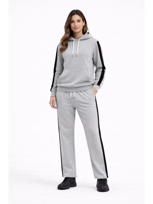Kadın Yandan Şeritli Eşofman Takım Kapüşonlu Sweatshirt Boru Paça Alt, Oversize 3 İplik Pamuklu - Gri Kadın Yandan Şeritli Eşofman Takım Kapüşonlu Sweatshirt Boru Paça Alt, Oversize 3 İplik Pamuklu - Gri