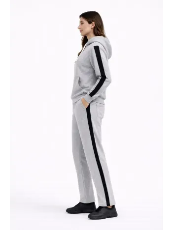 Kadın Yandan Şeritli Eşofman Takım Kapüşonlu Sweatshirt Boru Paça Alt, Oversize 3 İplik Pamuklu - Gri