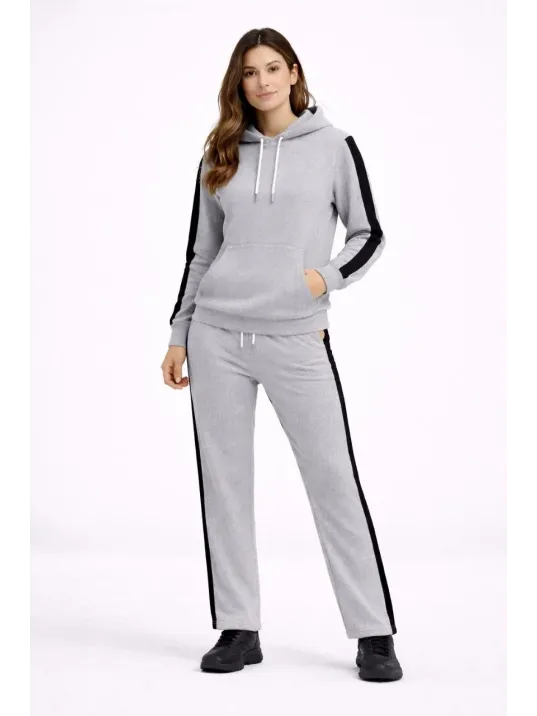 Kadın Yandan Şeritli Eşofman Takım Kapüşonlu Sweatshirt Boru Paça Alt, Oversize 3 İplik Pamuklu - Gri Kadın Yandan Şeritli Eşofman Takım Kapüşonlu Sweatshirt Boru Paça Alt, Oversize 3 İplik Pamuklu - Gri