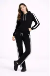 Kadın Yandan Şeritli Eşofman Takım Kapüşonlu Sweatshirt Boru Paça Alt, Oversize 3 İplik Pamuklu - Siyah