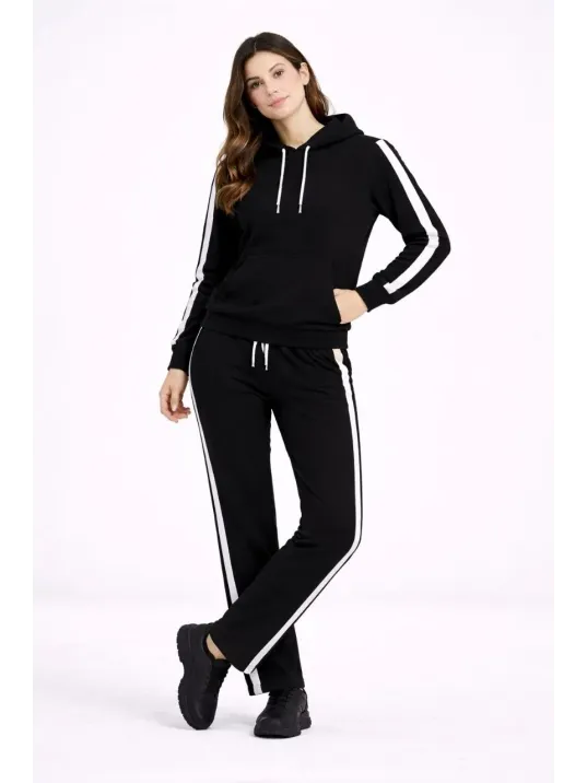 Kadın Yandan Şeritli Eşofman Takım Kapüşonlu Sweatshirt Boru Paça Alt, Oversize 3 İplik Pamuklu - Siyah