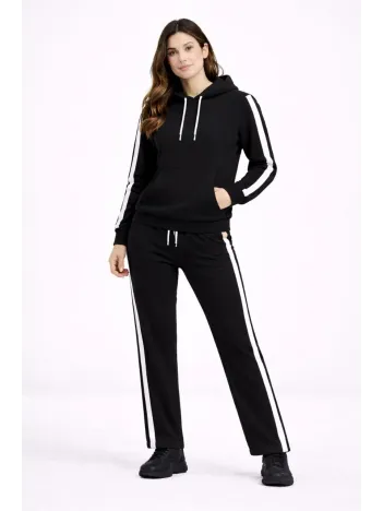 Kadın Yandan Şeritli Eşofman Takım Kapüşonlu Sweatshirt Boru Paça Alt, Oversize 3 İplik Pamuklu - Siyah