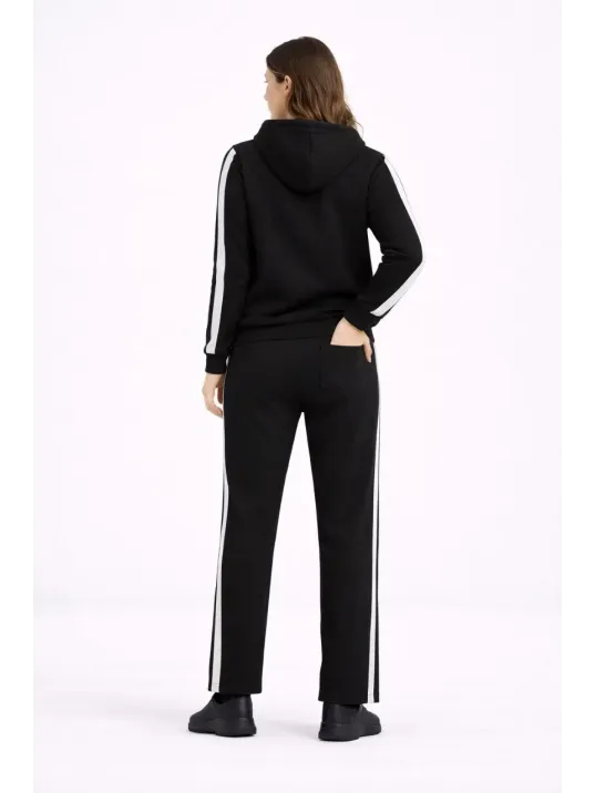 Kadın Yandan Şeritli Eşofman Takım Kapüşonlu Sweatshirt Boru Paça Alt, Oversize 3 İplik Pamuklu - Siyah