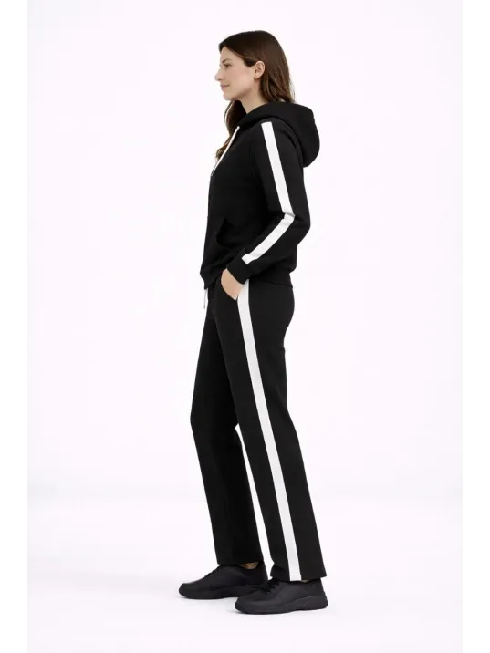 Kadın Yandan Şeritli Eşofman Takım Kapüşonlu Sweatshirt Boru Paça Alt, Oversize 3 İplik Pamuklu - Siyah