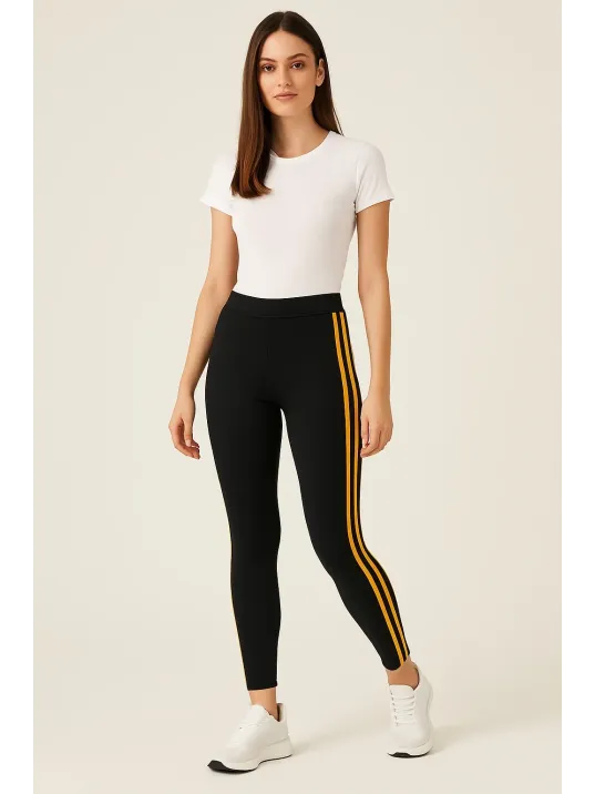 Kadın Yanı Sarı Şeritli Her Gardıropta Olması Gereken Tayt - Lacivert Kadın Yanı Sarı Şeritli Her Gardıropta Olması Gereken Tayt - Lacivert