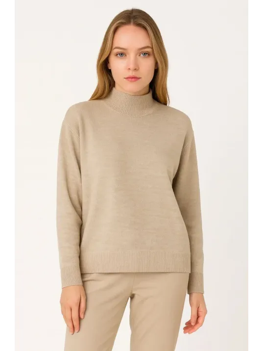 Kadın Yarım Boğaz Triko Kazak yumuşak dokulu Pamuklu ince Dokuma, uzun kollu Rahat Regular kalıp - Bej