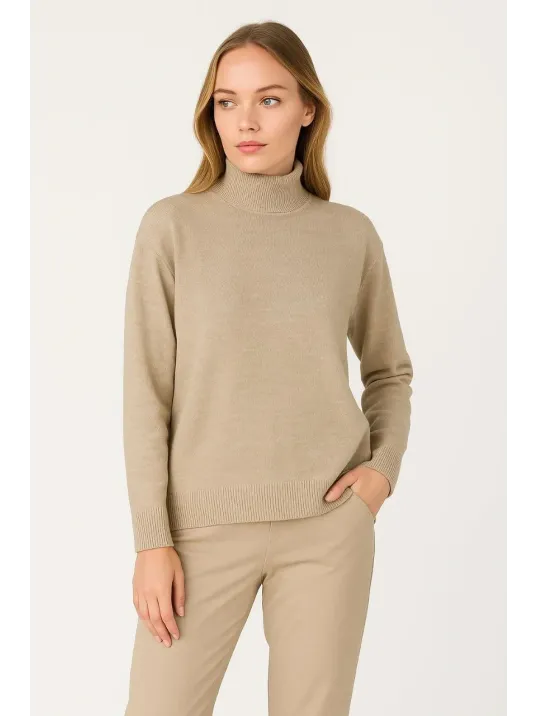 Kadın Yarım Boğaz Triko Kazak yumuşak dokulu Pamuklu ince Dokuma, uzun kollu Rahat Regular kalıp - Bej