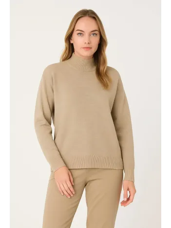 Kadın Yarım Boğaz Triko Kazak yumuşak dokulu Pamuklu ince Dokuma, uzun kollu Rahat Regular kalıp - Bej