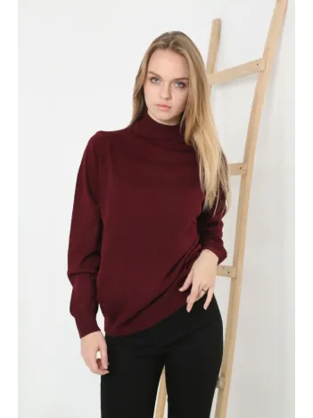 Kadın Yarım Boğaz Triko Kazak yumuşak dokulu Pamuklu ince Dokuma, uzun kollu Rahat Regular kalıp - Bordo