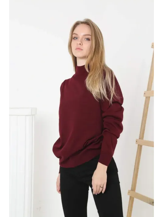 Kadın Yarım Boğaz Triko Kazak yumuşak dokulu Pamuklu ince Dokuma, uzun kollu Rahat Regular kalıp - Bordo