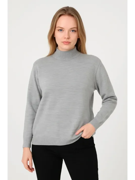 Kadın Yarım Boğaz Triko Kazak yumuşak dokulu Pamuklu ince Dokuma, uzun kollu Rahat Regular kalıp - Gri