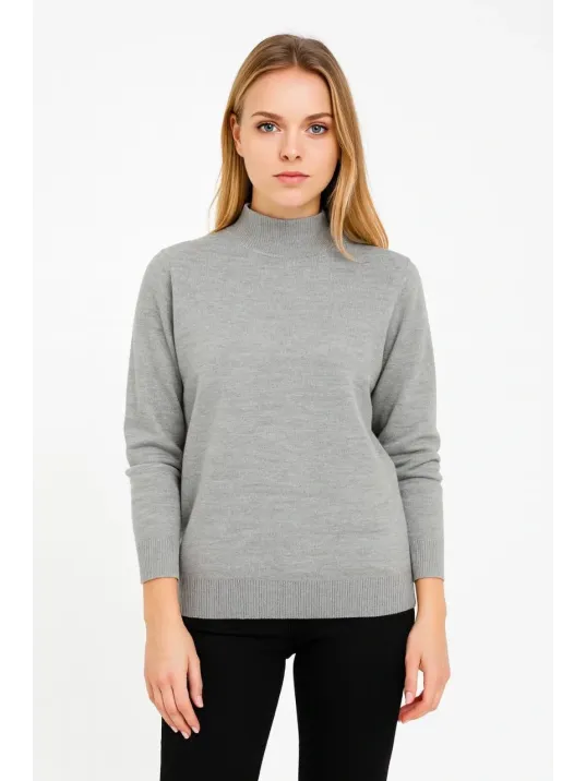 Kadın Yarım Boğaz Triko Kazak yumuşak dokulu Pamuklu ince Dokuma, uzun kollu Rahat Regular kalıp - Gri