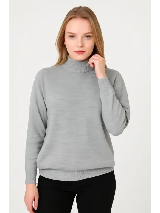 Kadın Yarım Boğaz Triko Kazak yumuşak dokulu Pamuklu ince Dokuma, uzun kollu Rahat Regular kalıp - Gri