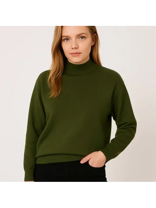 Kadın Yarım Boğaz Triko Kazak yumuşak dokulu Pamuklu ince Dokuma, uzun kollu Rahat Regular kalıp - Haki