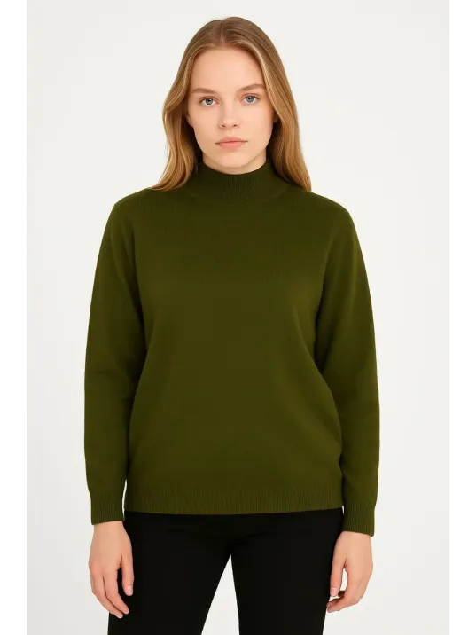 Kadın Yarım Boğaz Triko Kazak yumuşak dokulu Pamuklu ince Dokuma, uzun kollu Rahat Regular kalıp - Haki