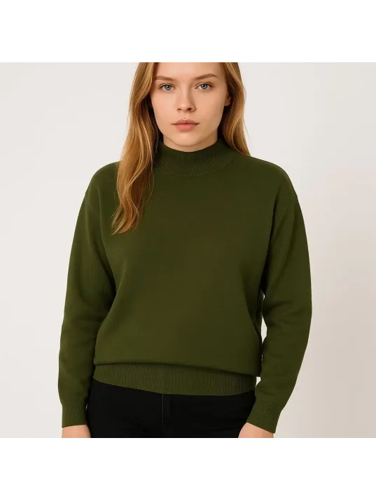 Kadın Yarım Boğaz Triko Kazak yumuşak dokulu Pamuklu ince Dokuma, uzun kollu Rahat Regular kalıp - Haki