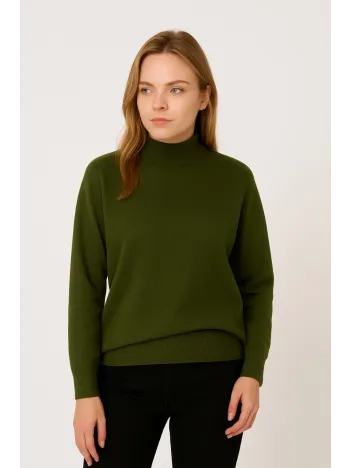 Kadın Yarım Boğaz Triko Kazak yumuşak dokulu Pamuklu ince Dokuma, uzun kollu Rahat Regular kalıp - Haki