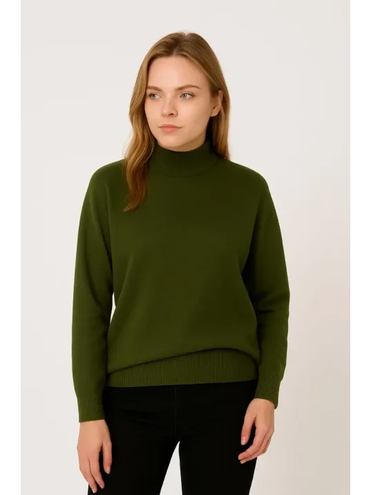 Kadın Yarım Boğaz Triko Kazak yumuşak dokulu Pamuklu ince Dokuma, uzun kollu Rahat Regular kalıp - Haki