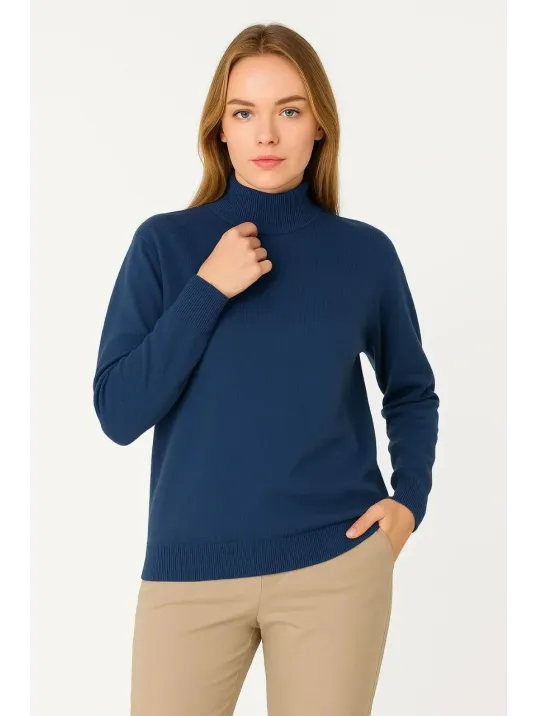 Kadın Yarım Boğaz Triko Kazak yumuşak dokulu Pamuklu ince Dokuma, uzun kollu Rahat Regular kalıp - İndigo