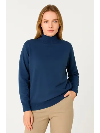 Kadın Yarım Boğaz Triko Kazak yumuşak dokulu Pamuklu ince Dokuma, uzun kollu Rahat Regular kalıp - İndigo