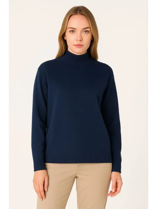 Kadın Yarım Boğaz Triko Kazak yumuşak dokulu Pamuklu ince Dokuma, uzun kollu Rahat Regular kalıp - Lacivert