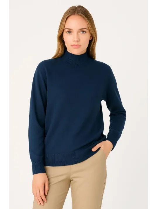 Kadın Yarım Boğaz Triko Kazak yumuşak dokulu Pamuklu ince Dokuma, uzun kollu Rahat Regular kalıp - Lacivert