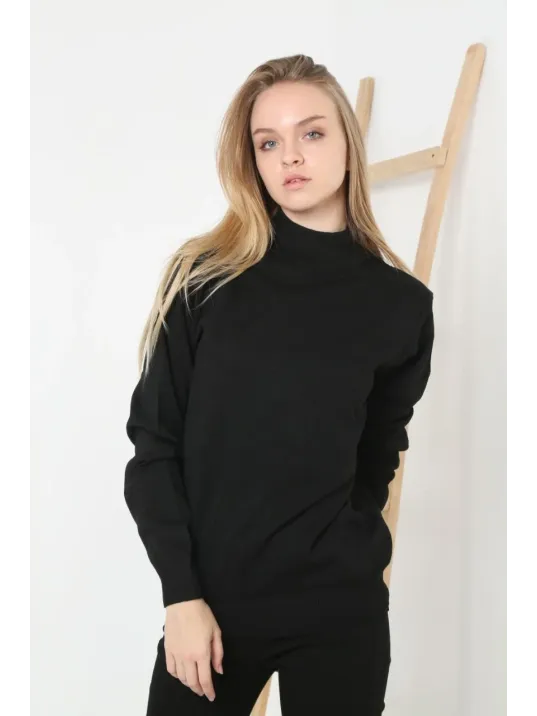 Kadın Yarım Boğaz Triko Kazak yumuşak dokulu Pamuklu ince Dokuma, uzun kollu Rahat Regular kalıp - Siyah