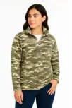 Kadın Yarım Fermuarlı Desenli Polar Sweat – Haki Kamuflaj Yakalı, Uzun Kollu, Oversize Rahat Kalıp - Haki
