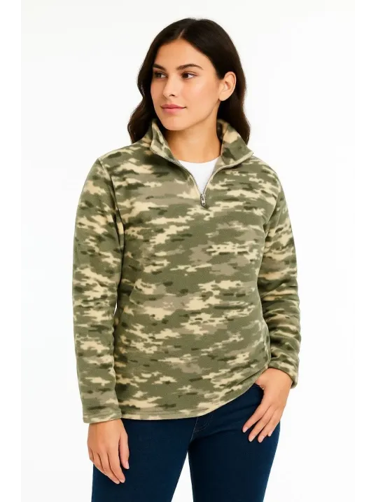 Kadın Yarım Fermuarlı Desenli Polar Sweat – Haki Kamuflaj Yakalı, Uzun Kollu, Oversize Rahat Kalıp - Haki Kadın Yarım Fermuarlı Desenli Polar Sweat – Haki Kamuflaj Yakalı, Uzun Kollu, Oversize Rahat Kalıp - Haki