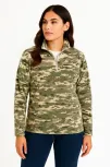 Kadın Yarım Fermuarlı Desenli Polar Sweat – Haki Kamuflaj Yakalı, Uzun Kollu, Oversize Rahat Kalıp - Haki