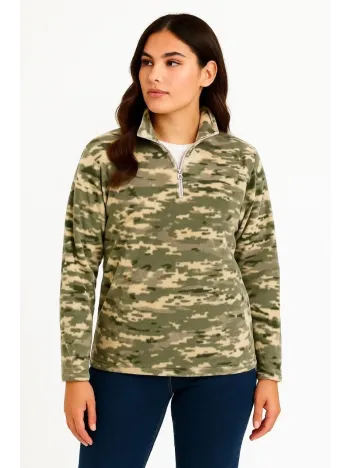 Kadın Yarım Fermuarlı Desenli Polar Sweat – Haki Kamuflaj Yakalı, Uzun Kollu, Oversize Rahat Kalıp - Haki Kadın Yarım Fermuarlı Desenli Polar Sweat – Haki Kamuflaj Yakalı, Uzun Kollu, Oversize Rahat Kalıp - Haki