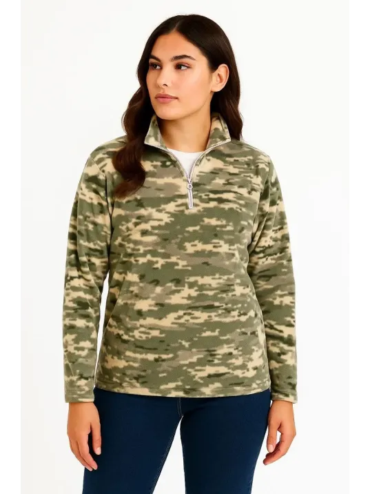 Kadın Yarım Fermuarlı Desenli Polar Sweat – Haki Kamuflaj Yakalı, Uzun Kollu, Oversize Rahat Kalıp - Haki Kadın Yarım Fermuarlı Desenli Polar Sweat – Haki Kamuflaj Yakalı, Uzun Kollu, Oversize Rahat Kalıp - Haki