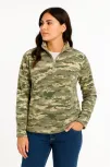 Kadın Yarım Fermuarlı Desenli Polar Sweat – Haki Kamuflaj Yakalı, Uzun Kollu, Oversize Rahat Kalıp - Haki