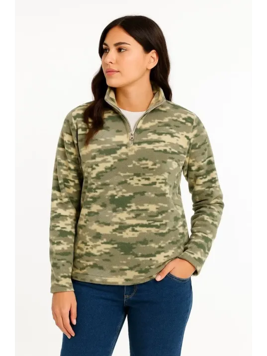 Kadın Yarım Fermuarlı Desenli Polar Sweat – Haki Kamuflaj Yakalı, Uzun Kollu, Oversize Rahat Kalıp - Haki Kadın Yarım Fermuarlı Desenli Polar Sweat – Haki Kamuflaj Yakalı, Uzun Kollu, Oversize Rahat Kalıp - Haki