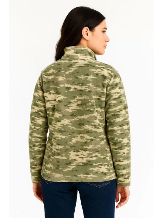 Kadın Yarım Fermuarlı Desenli Polar Sweat – Haki Kamuflaj Yakalı, Uzun Kollu, Oversize Rahat Kalıp - Haki Kadın Yarım Fermuarlı Desenli Polar Sweat – Haki Kamuflaj Yakalı, Uzun Kollu, Oversize Rahat Kalıp - Haki