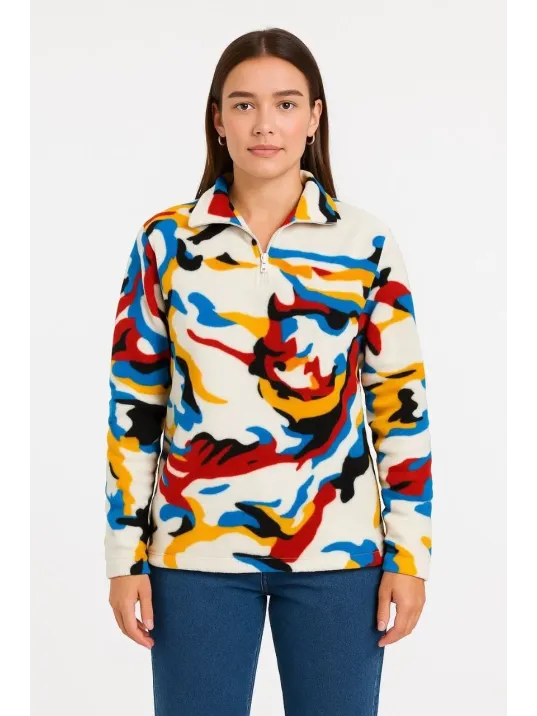 Kadın Yarım Fermuarlı Desenli Polar Sweat – Renkli Abstract Desen Yakalı, Uzun Kollu, Oversize Rahat Kalıp - Beyaz Kadın Yarım Fermuarlı Desenli Polar Sweat – Renkli Abstract Desen Yakalı, Uzun Kollu, Oversize Rahat Kalıp - Beyaz
