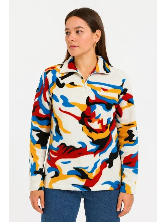 Kadın Yarım Fermuarlı Desenli Polar Sweat – Renkli Abstract Desen Yakalı, Uzun Kollu, Oversize Rahat Kalıp - Beyaz