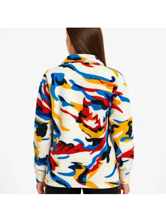 Kadın Yarım Fermuarlı Desenli Polar Sweat – Renkli Abstract Desen Yakalı, Uzun Kollu, Oversize Rahat Kalıp - Beyaz