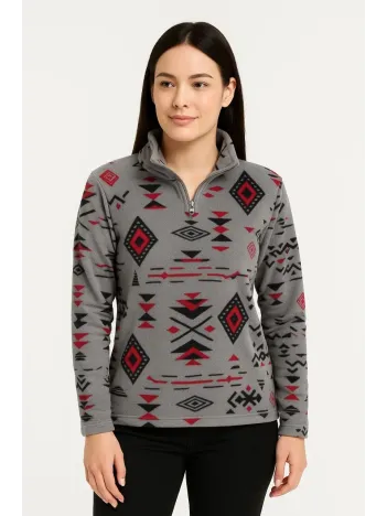 Kadın Yarım Fermuarlı Desenli Polar Sweat Tribal Etnik Desen Yakalı, Uzun Kollu, Oversize Rahat Kalıp - Füme Kadın Yarım Fermuarlı Desenli Polar Sweat Tribal Etnik Desen Yakalı, Uzun Kollu, Oversize Rahat Kalıp - Füme