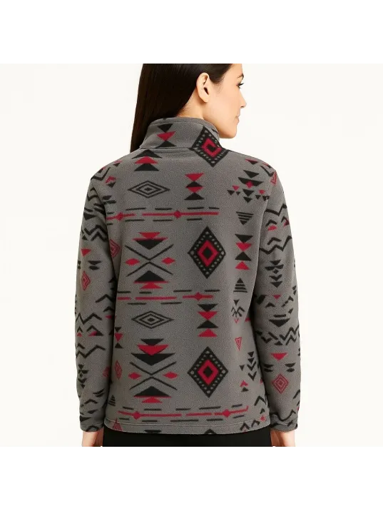 Kadın Yarım Fermuarlı Desenli Polar Sweat Tribal Etnik Desen Yakalı, Uzun Kollu, Oversize Rahat Kalıp - Füme