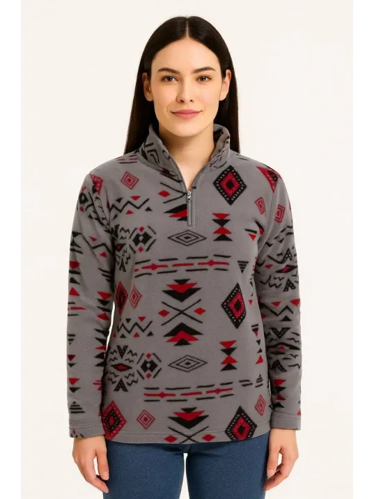 Kadın Yarım Fermuarlı Desenli Polar Sweat Tribal Etnik Desen Yakalı, Uzun Kollu, Oversize Rahat Kalıp - Füme