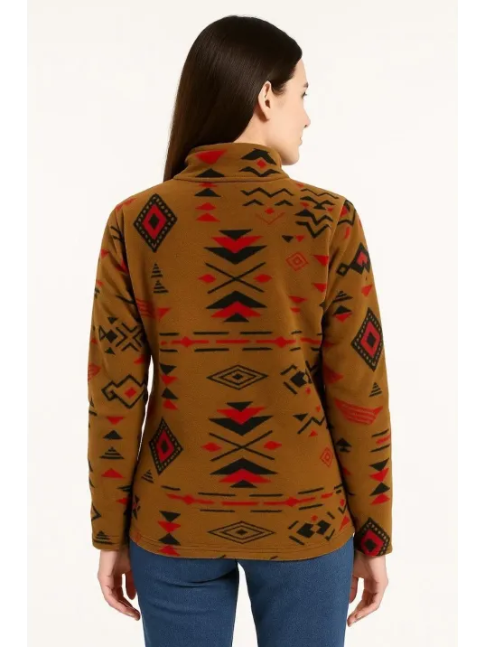 Kadın Yarım Fermuarlı Desenli Polar Sweat Tribal Etnik Desen Yakalı, Uzun Kollu, Oversize Rahat Kalıp - Kahverengi