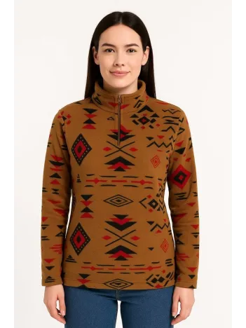 Kadın Yarım Fermuarlı Desenli Polar Sweat Tribal Etnik Desen Yakalı, Uzun Kollu, Oversize Rahat Kalıp - Kahverengi Kadın Yarım Fermuarlı Desenli Polar Sweat Tribal Etnik Desen Yakalı, Uzun Kollu, Oversize Rahat Kalıp - Kahverengi