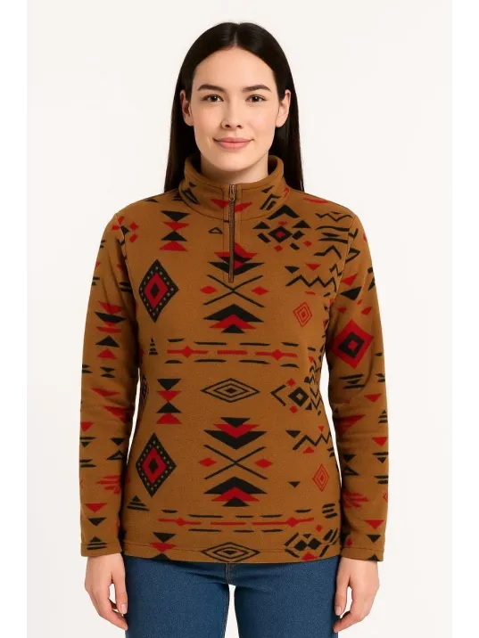 Kadın Yarım Fermuarlı Desenli Polar Sweat Tribal Etnik Desen Yakalı, Uzun Kollu, Oversize Rahat Kalıp - Kahverengi