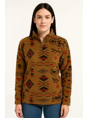 Kadın Yarım Fermuarlı Desenli Polar Sweat Tribal Etnik Desen Yakalı, Uzun Kollu, Oversize Rahat Kalıp - Kahverengi Kadın Yarım Fermuarlı Desenli Polar Sweat Tribal Etnik Desen Yakalı, Uzun Kollu, Oversize Rahat Kalıp - Kahverengi