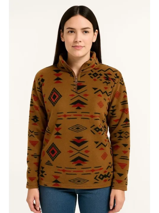 Kadın Yarım Fermuarlı Desenli Polar Sweat Tribal Etnik Desen Yakalı, Uzun Kollu, Oversize Rahat Kalıp - Kahverengi Kadın Yarım Fermuarlı Desenli Polar Sweat Tribal Etnik Desen Yakalı, Uzun Kollu, Oversize Rahat Kalıp - Kahverengi
